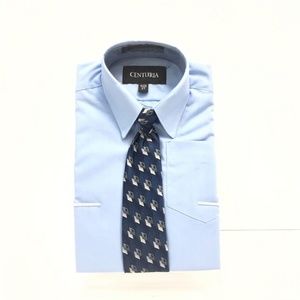 Centuria Boys Blue Dress Shirt Navy Bue Silver Clip-on Tie Size 3T